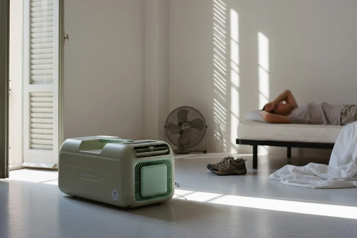 The unit on the floor of a shuttered apartment bedroom in high summer